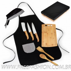 ME 21863 Kit Para Cozinha Em Bambu/Inox Com Avental E Touca Gourmet - 8 Pçs